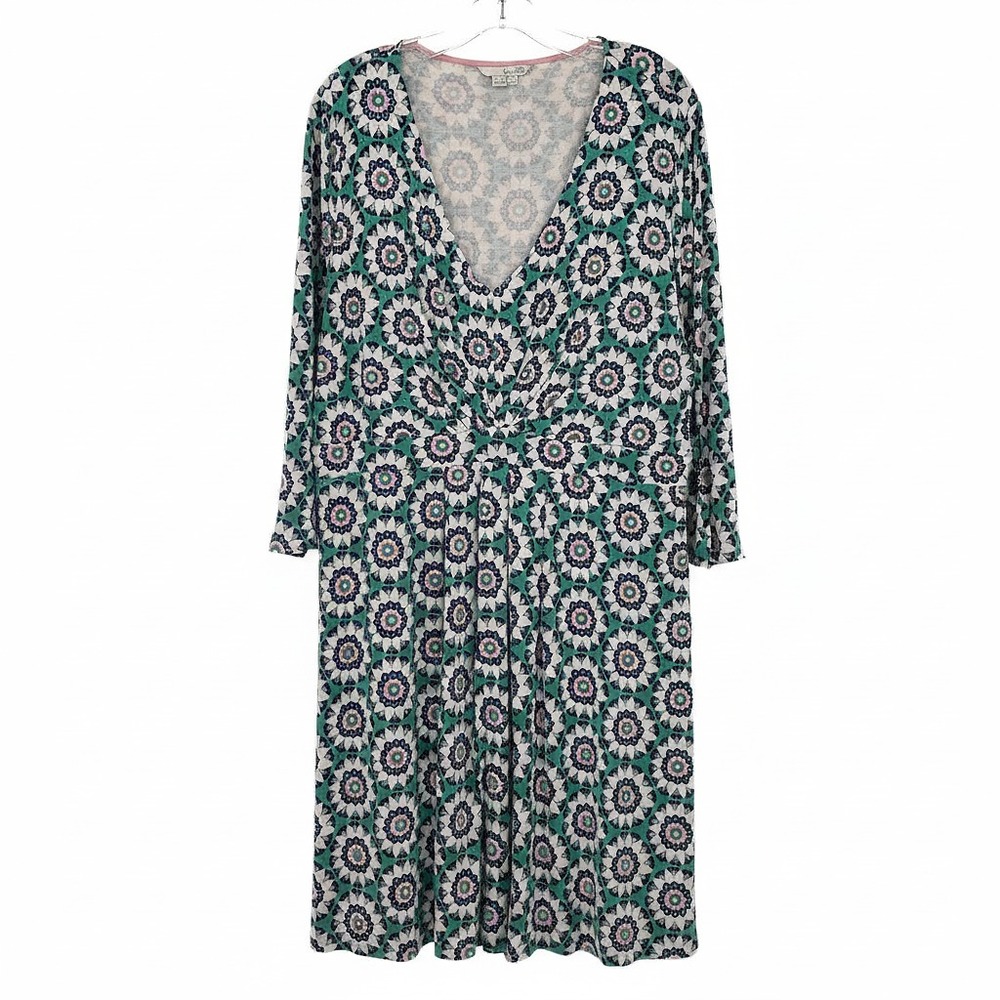 Boden Green White Patterned V-Neck Midi Dress | Size 18 Long